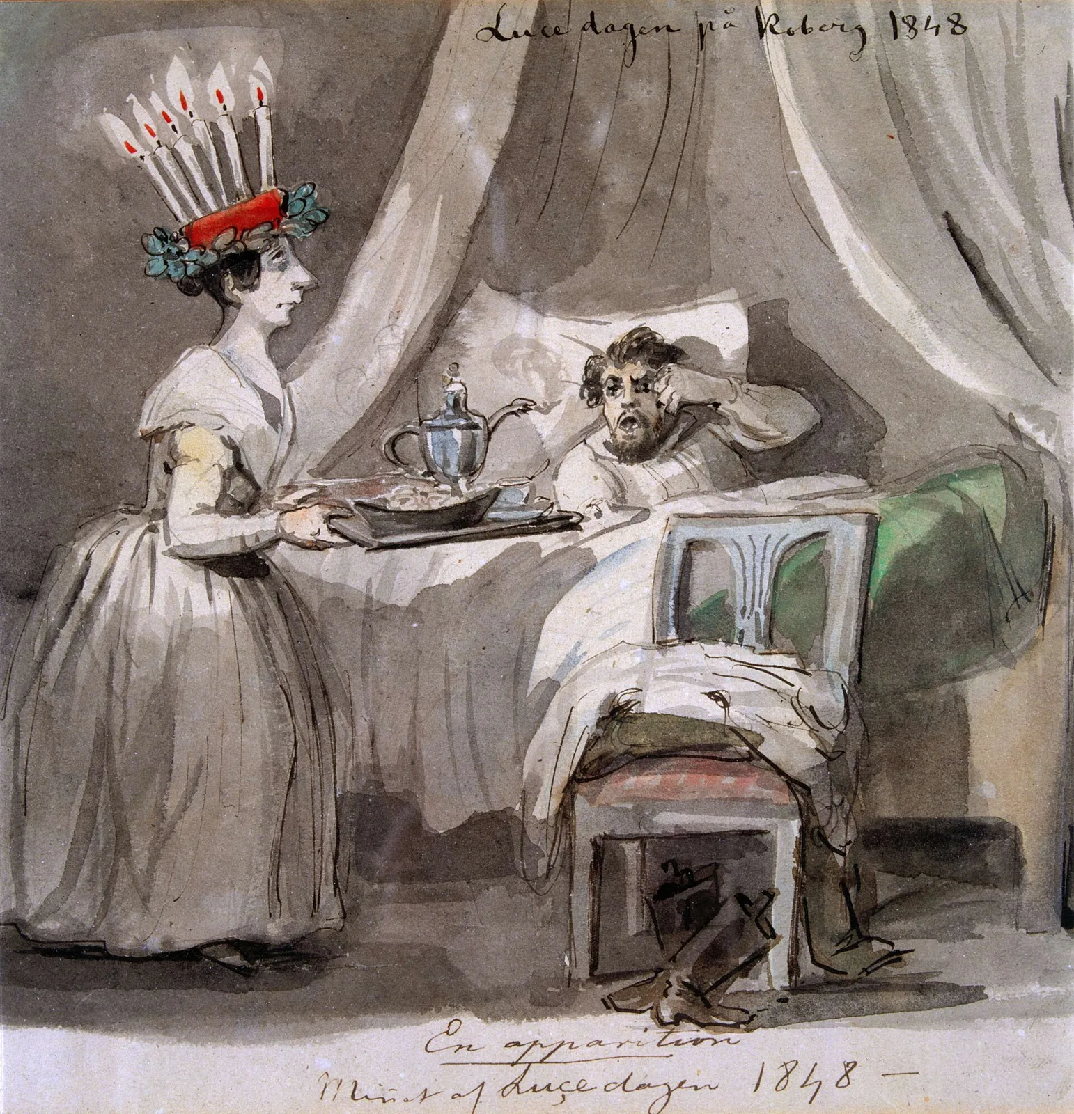 Akvarell från 1848 med en lucia som bär in kaffe