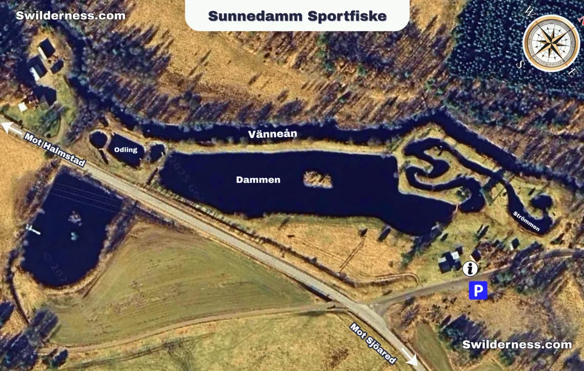Kaart van Bunnäsa Sportfiske met gemarkeerde gebieden en wegen.
