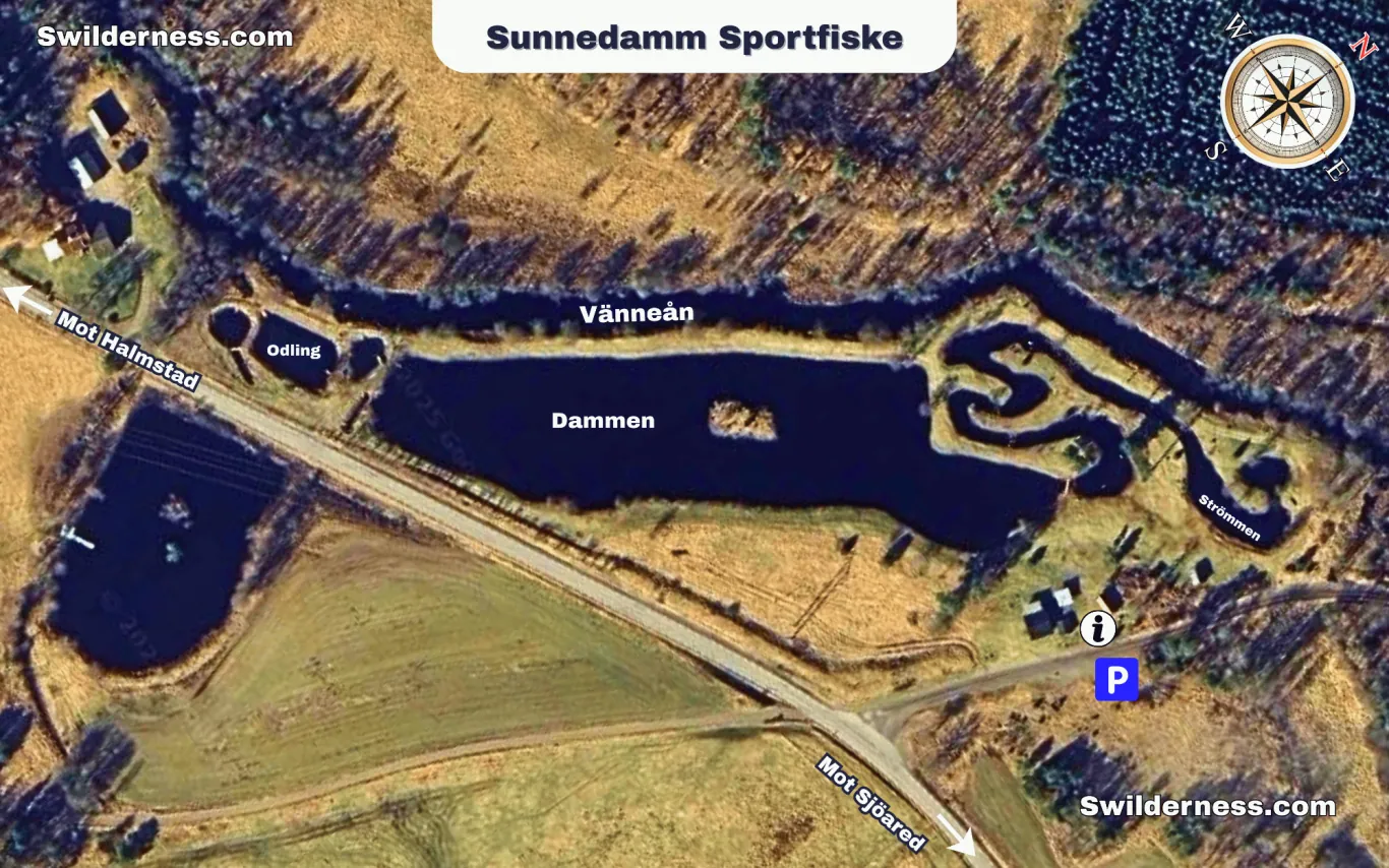 Overzichtskaart van Bunnerviken Sportfiske met meren en richtingen.