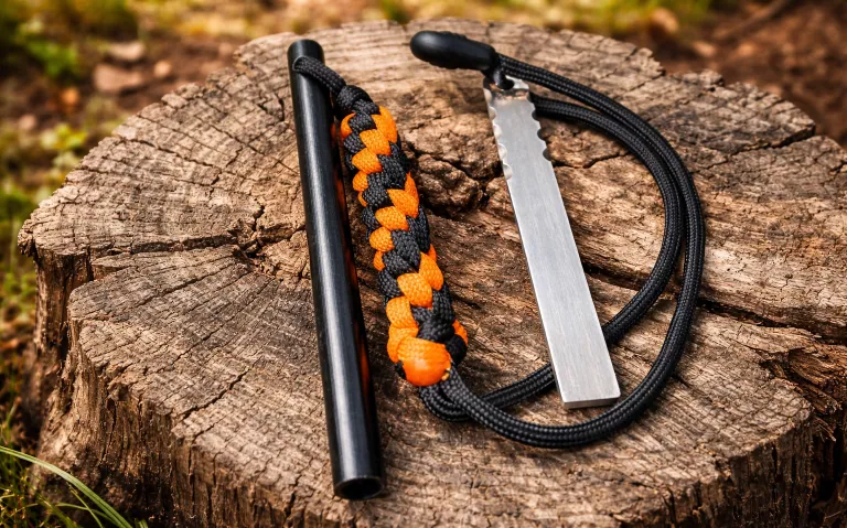Brannstål og brannstarter med paracord på et trestykke i naturlige omgivelser.