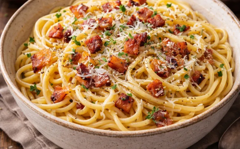 Kreemjas spagetid peekoni, parmesani ja köögiviljadega kausis.