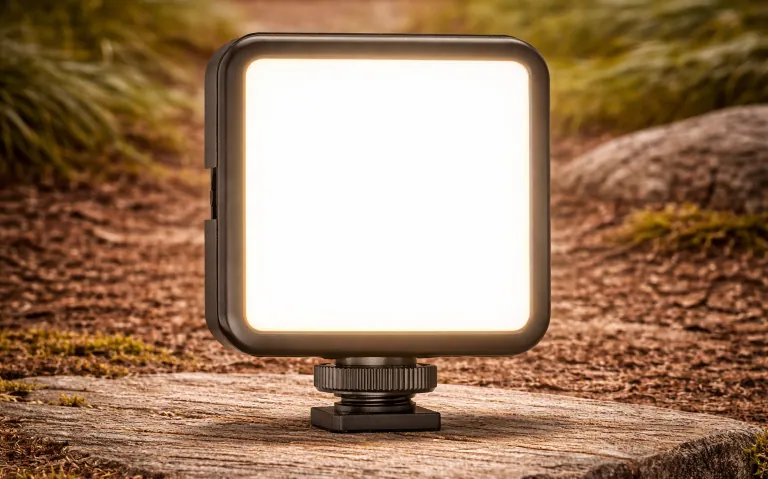 En firkantet lampe står på en stein med grønn bakgrunn.