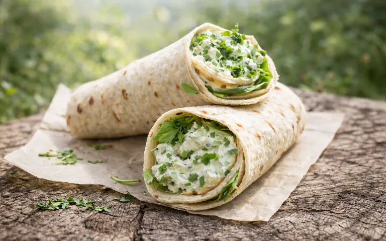 Kaks tortilla wrapi, mis on täidetud köögiviljadega ja kreemjas täidis puidust pinnale.