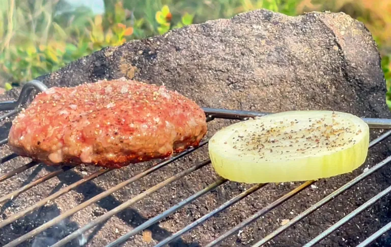 Gegrilde hamburger en ui plak op een rooster over een open vuur in een natuurlijke omgeving.