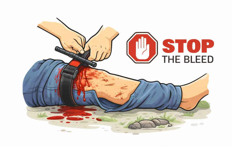 Henkilö soveltaa kiristyssidettä vuotavaan jalkaan tekstillä "STOP THE BLEEDING".