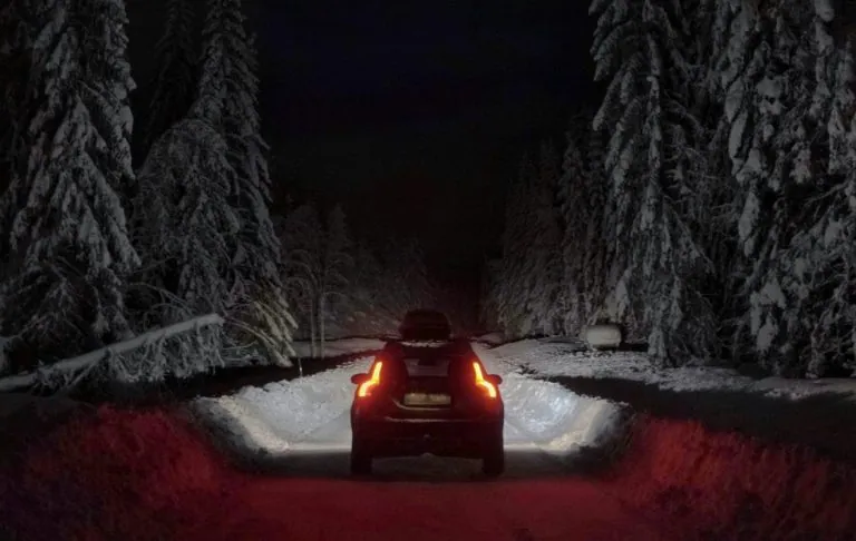 En bil kjører på en snødekt vei omgitt av furutrær i mørket.