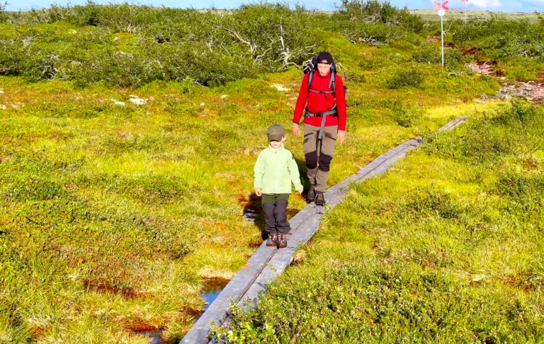 En vandrer i en rød jakke og et barn på en træbro gennem et frodigt område.