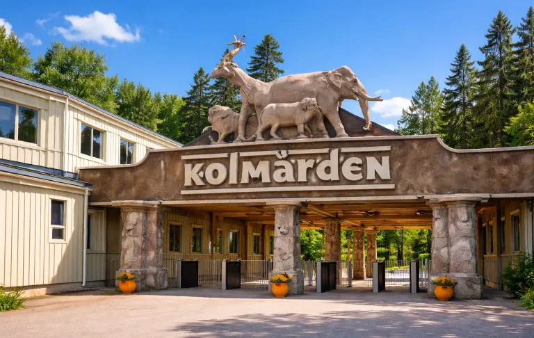 De ingang van Kolmården met dierenbeelden onder een heldere blauwe lucht.