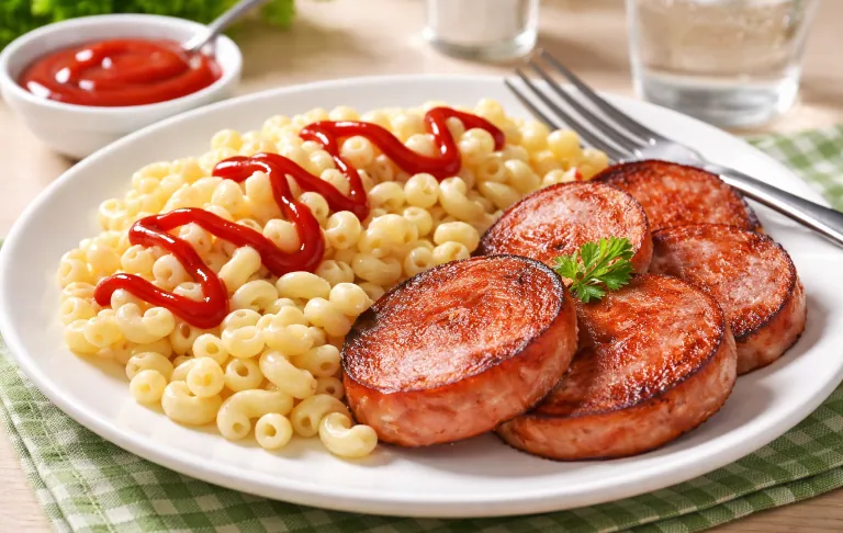 Kepta dešra su makaronais ir kečupu ant lėkštės.
