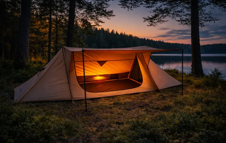 VEVOR hot tent in the forest by the lake, lit by a warm inner glow at sunset.