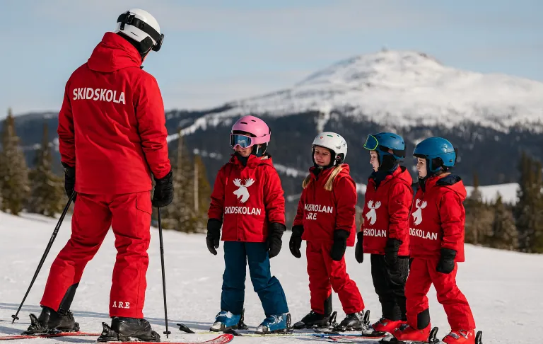 En skiinstruktør underviser en gruppe børn i rødt skiudstyr på en snedækket løjpe.