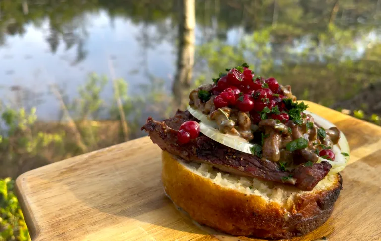 En saftig smörgås med kött, lök, kantareller, lingon och örter, utomhus vid en sjö.