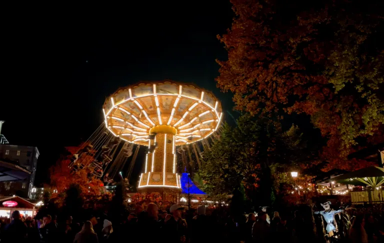 Een fel verlichte draaimolen omringd door bomen en mensen op een avond.