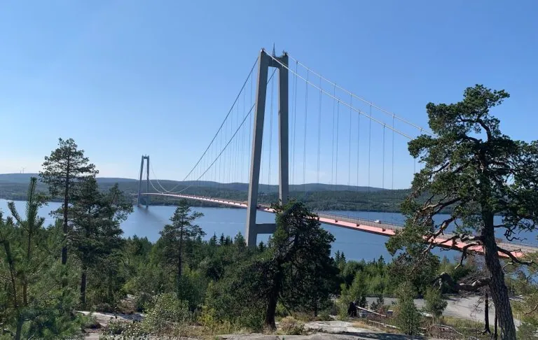 Hängebrücke über einen Fjord mit üppiger Umgebung und einem klaren blauen Himmel.