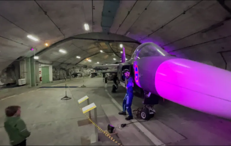 Ein JAS 39 Gripen in einem unterirdischen Hangar. Leo steht daneben.