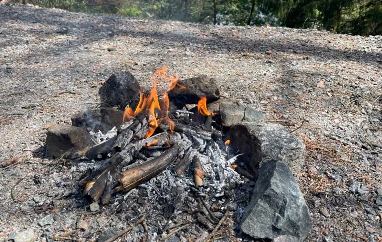 Brann i et steinbelagt grillområde omgitt av grus og trær.