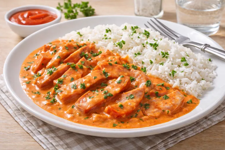 Kylling i kremet saus med ris og en bolle ketchup på siden.