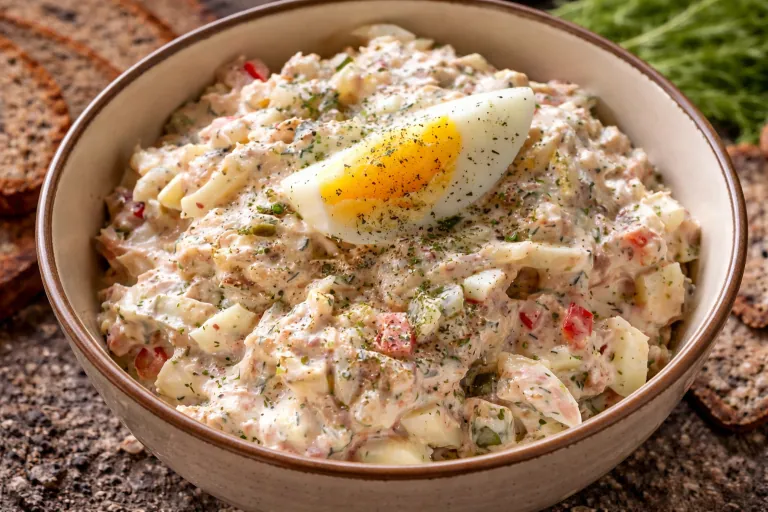 Krempotet og eggesalat med grønnsaker og urter, servert i en bolle.