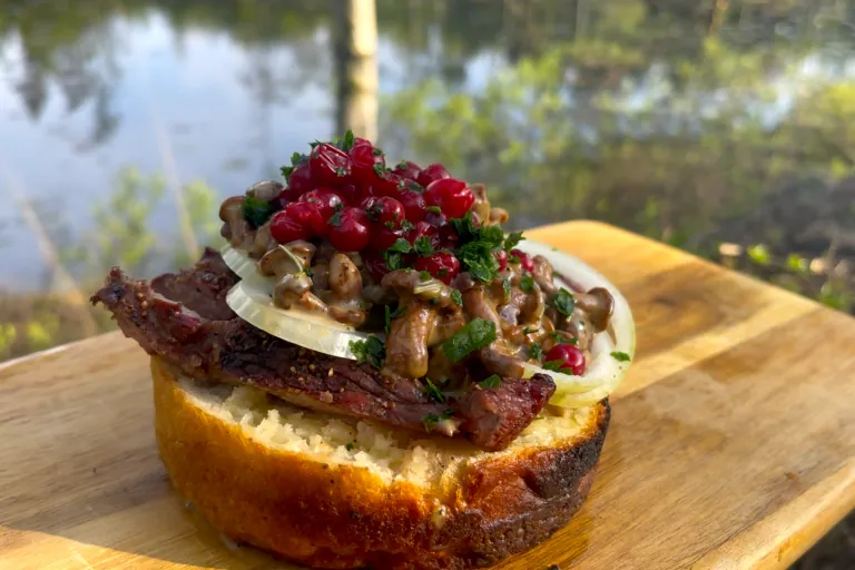Grillad köttbit på bröd med lök och lingon, med en sjö i bakgrunden.