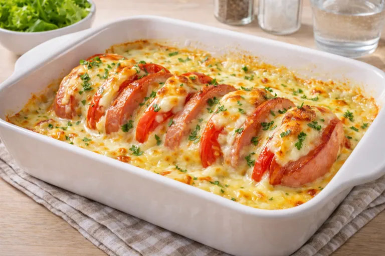 Gratinert med skiver av kjøtt og tomat, dekket med smeltet ost og frisk grønn garnityr.