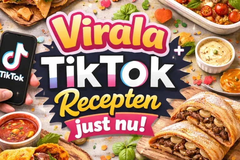 Teksto skaitymas "Viral TikTok Receptai dabar!" apsuptas maisto ir užkandžių.