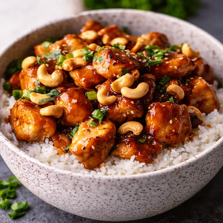 Hähnchen in Sauce mit Cashewnüssen und Gemüse auf Reis in einer Schüssel.