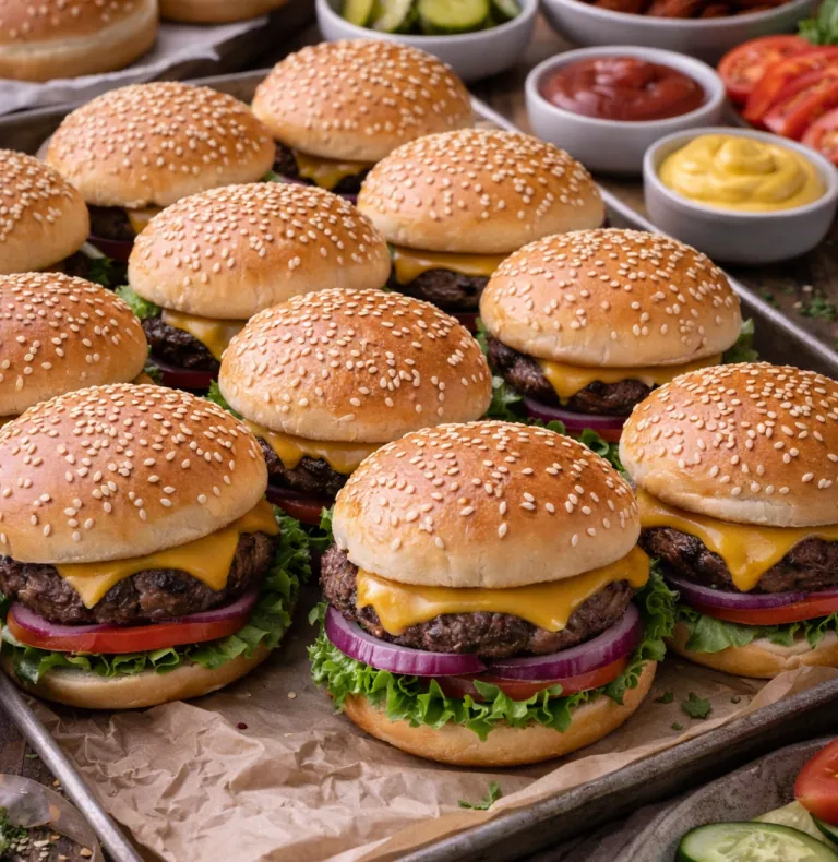 Several juicy hamburgers with cheddar, lettuce, tomato, and onion on sesame buns.