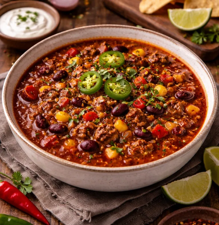Köttfärs chili med bönor, grönsaker och skivor av jalapeño, serverat med lime och nachos.