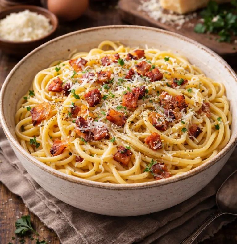 Pasta with bacon, parmesan and green herbs in a deep bowl.