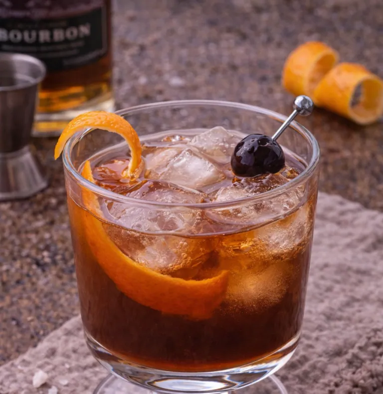 A bourbon cocktail with ice, black cherry and orange peel in a glass.