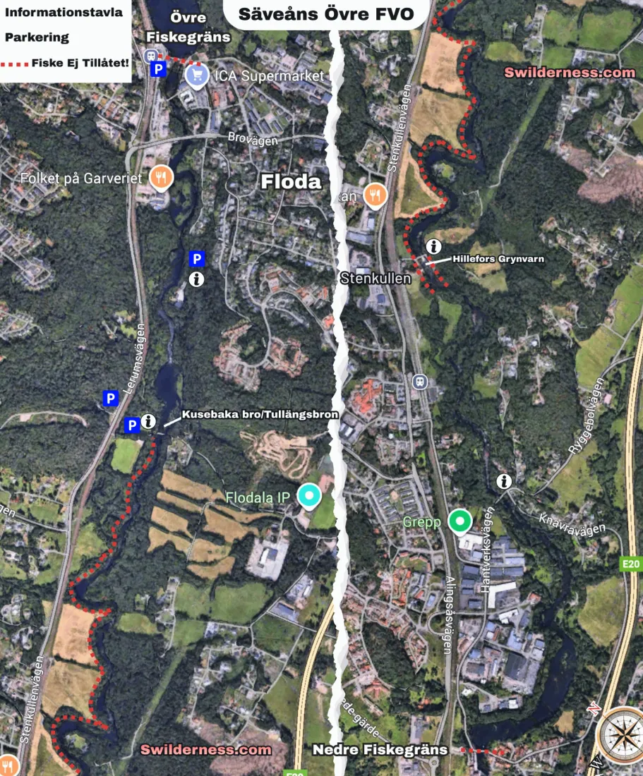 Satellitenkarte von Säveåns Övre Fischereischutzgebiet mit Straßen, Wasser und Grün. Markierte Standorte sind sichtbar. Verbotene Angelstrecken, Fliegenfischen.