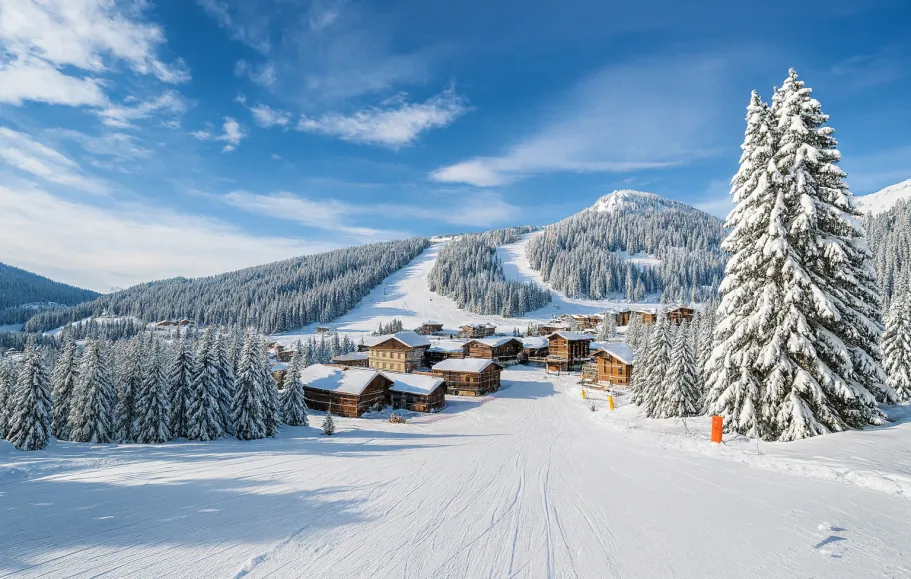 Darstellung einer Winterlandschaft mit schneebedeckten Hütten, Bäumen und Bergen im Hintergrund.
