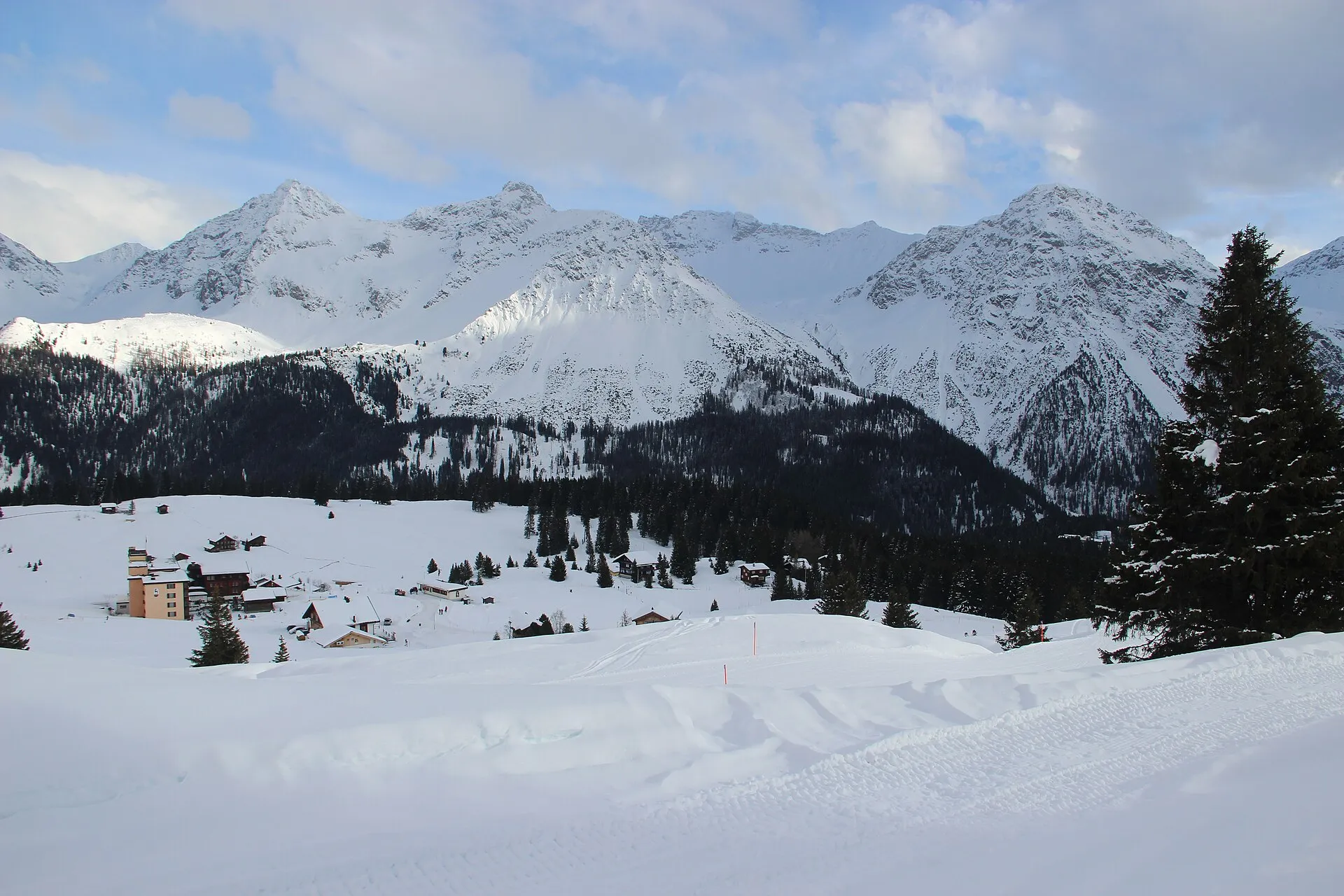 Utsikt över snötäckta ängar och skog i Arosa-dalen, med höga, snöiga berg i bakgrunden en solig vinterdag.