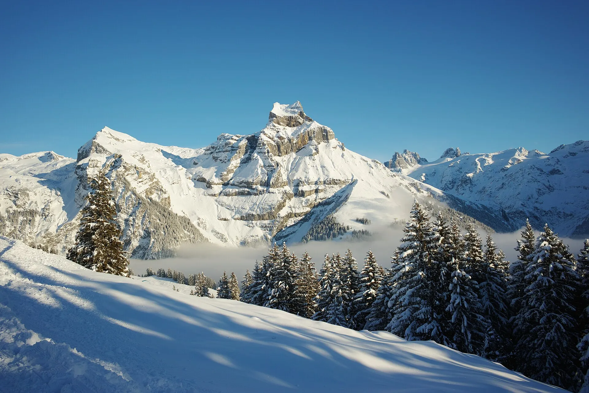 Den snötäckta toppen Hahnen och Spannort ovanför Engelberg, med snöig granskog och moln i dalen, sett från familjeberget Brunni.