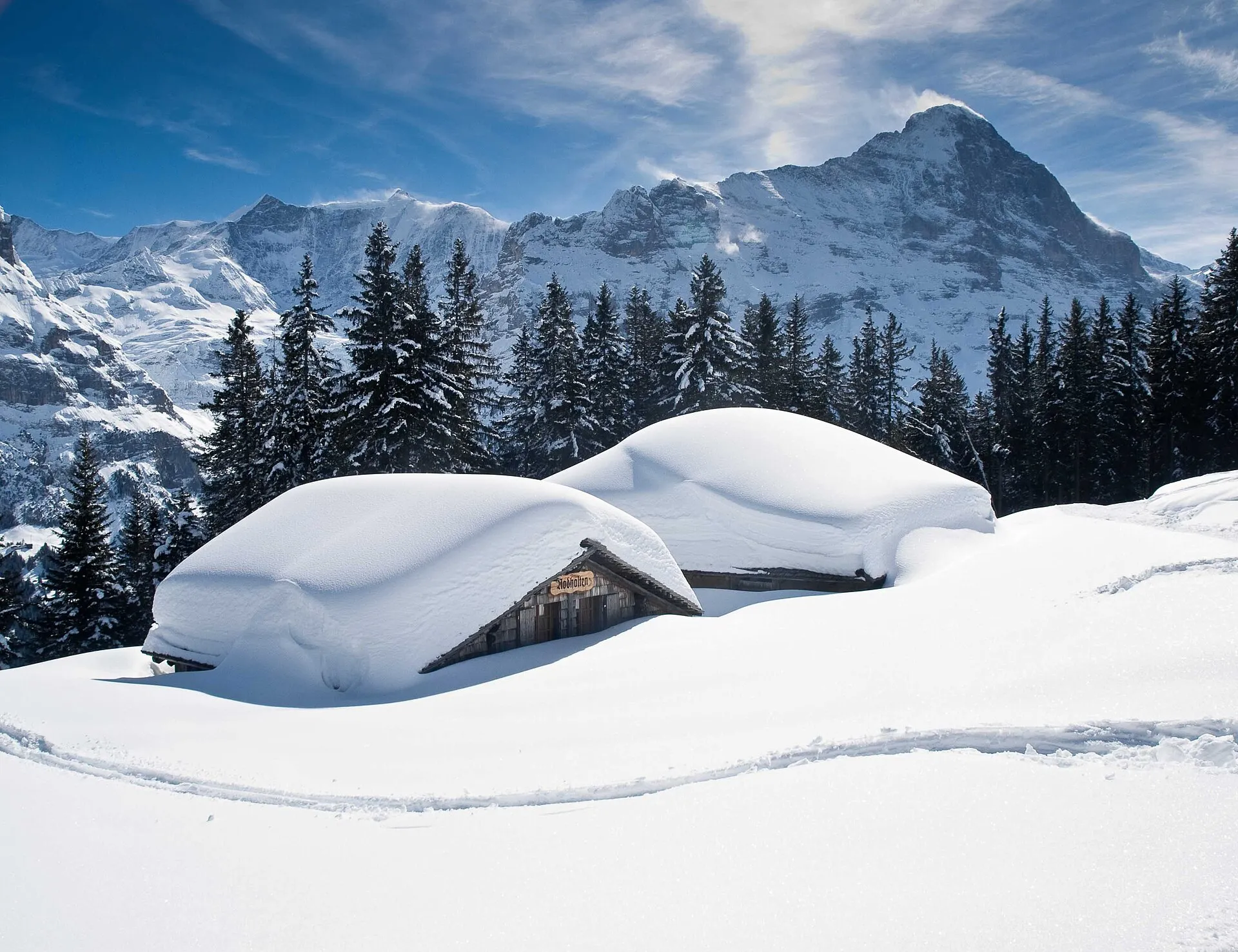 Två insnöade stugor på en äng ovanför Grindelwald, med granskog och Eiger och Fiescherhörner i bakgrunden under en blå himmel.