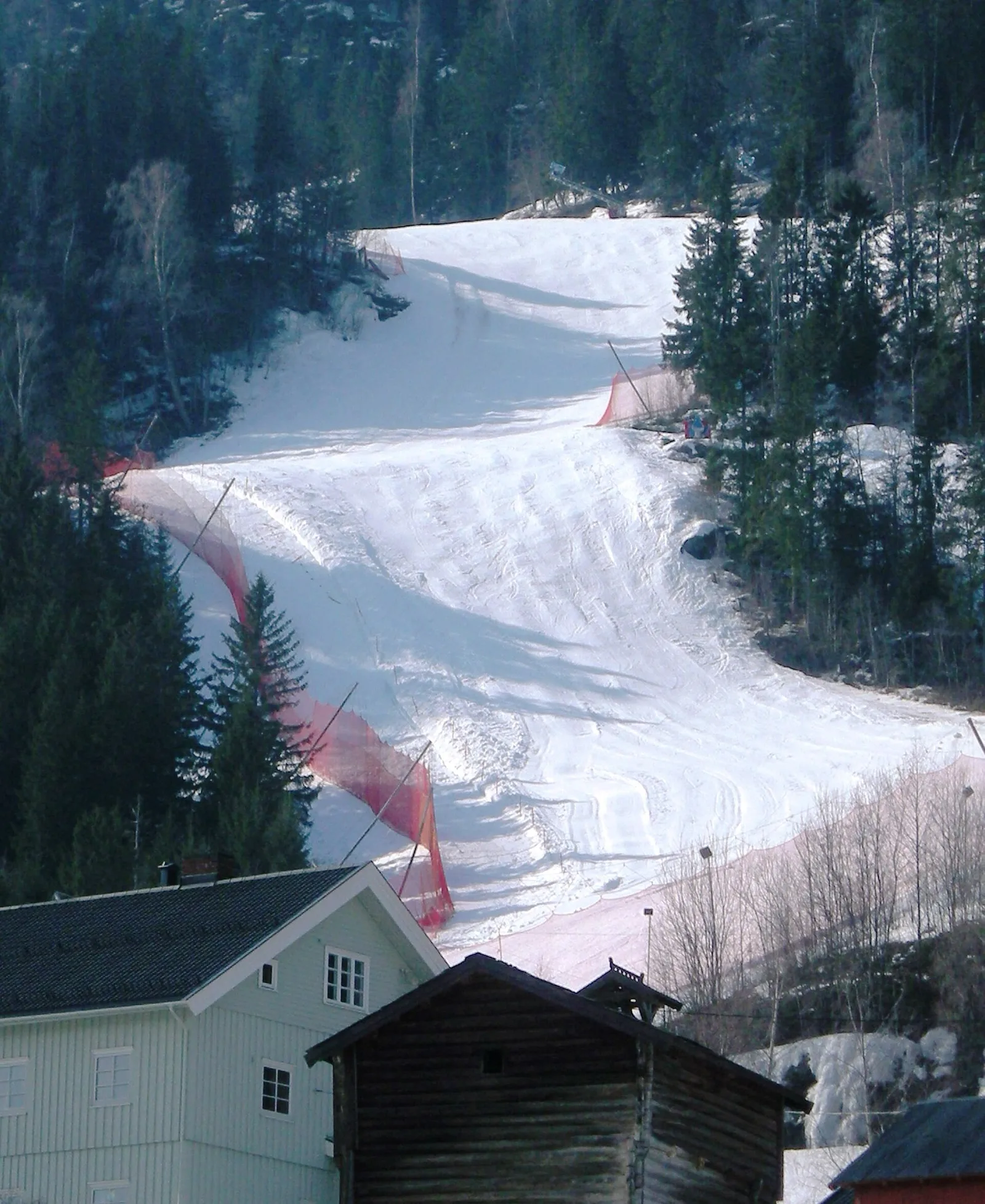 Alpinbacken i Kvitfjell som går ned genom skogen på fjällsidan, med nät längs kanten och ett hus i förgrunden.