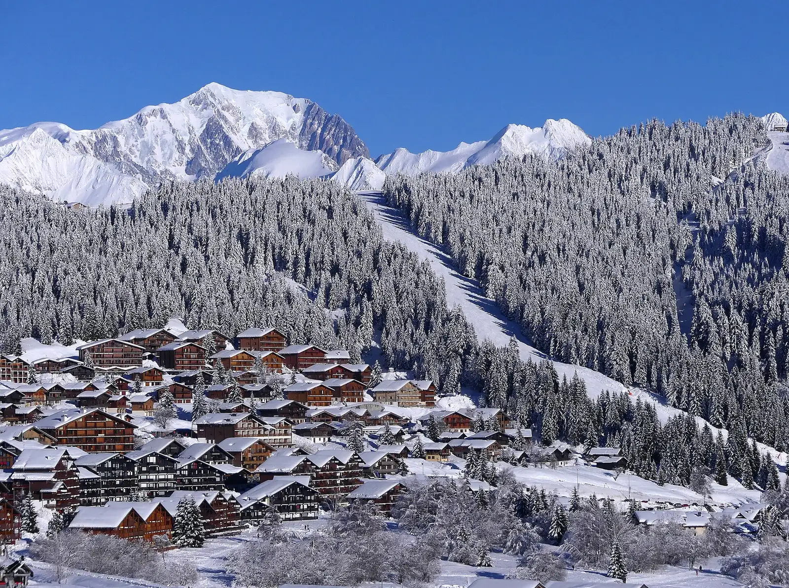 Met hout beklede appartementsgebouwen in Les Saisies onder een besneeuwd sparrenbos, met een piste door het bos en de Mont Blanc op de achtergrond