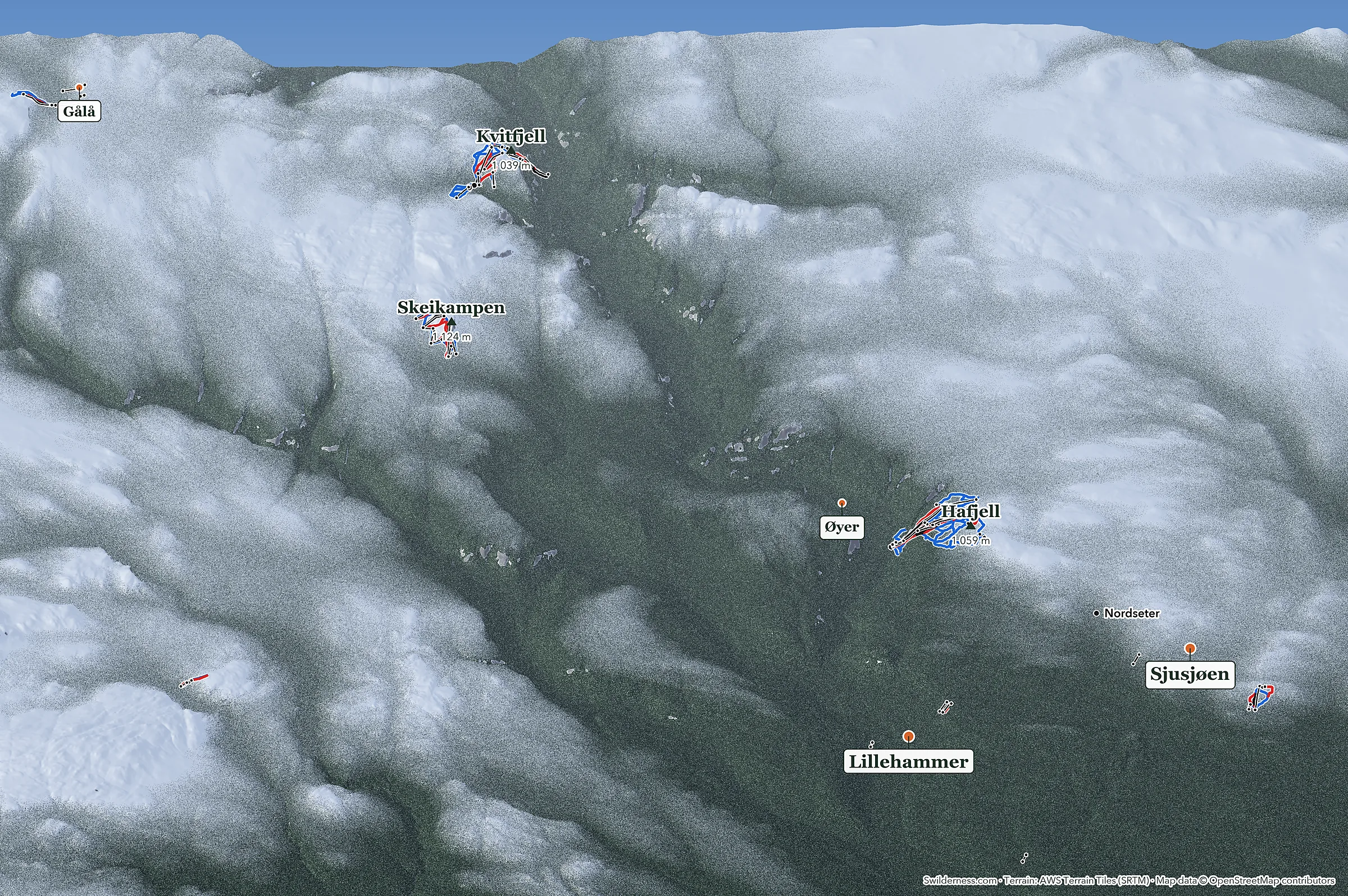 3D-karta över Gudbrandsdalen och fjällen runt Lillehammer, sett från söder, med skidorterna Hafjell, Kvitfjell, Sjusjøen, Skeikampen och Gålå, liftar och pister