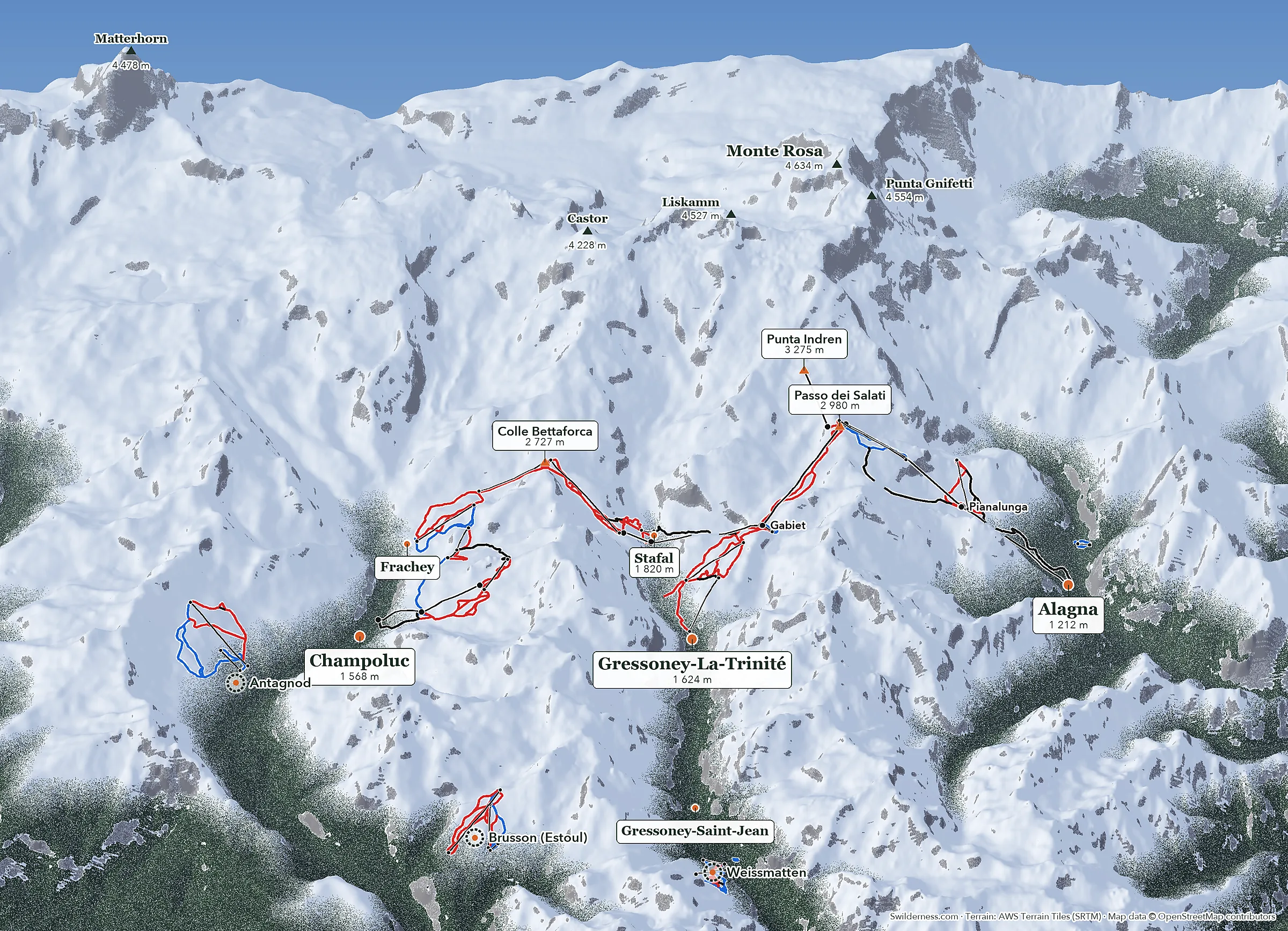 Monterosa slēpošanas 3D karte no dienvidiem ar Val d'Ayas, Gressoney ieleju un Valsesia, liftiem un pieturām, Colle Bettaforca un Passo dei Salati un Monte Rosa fonā