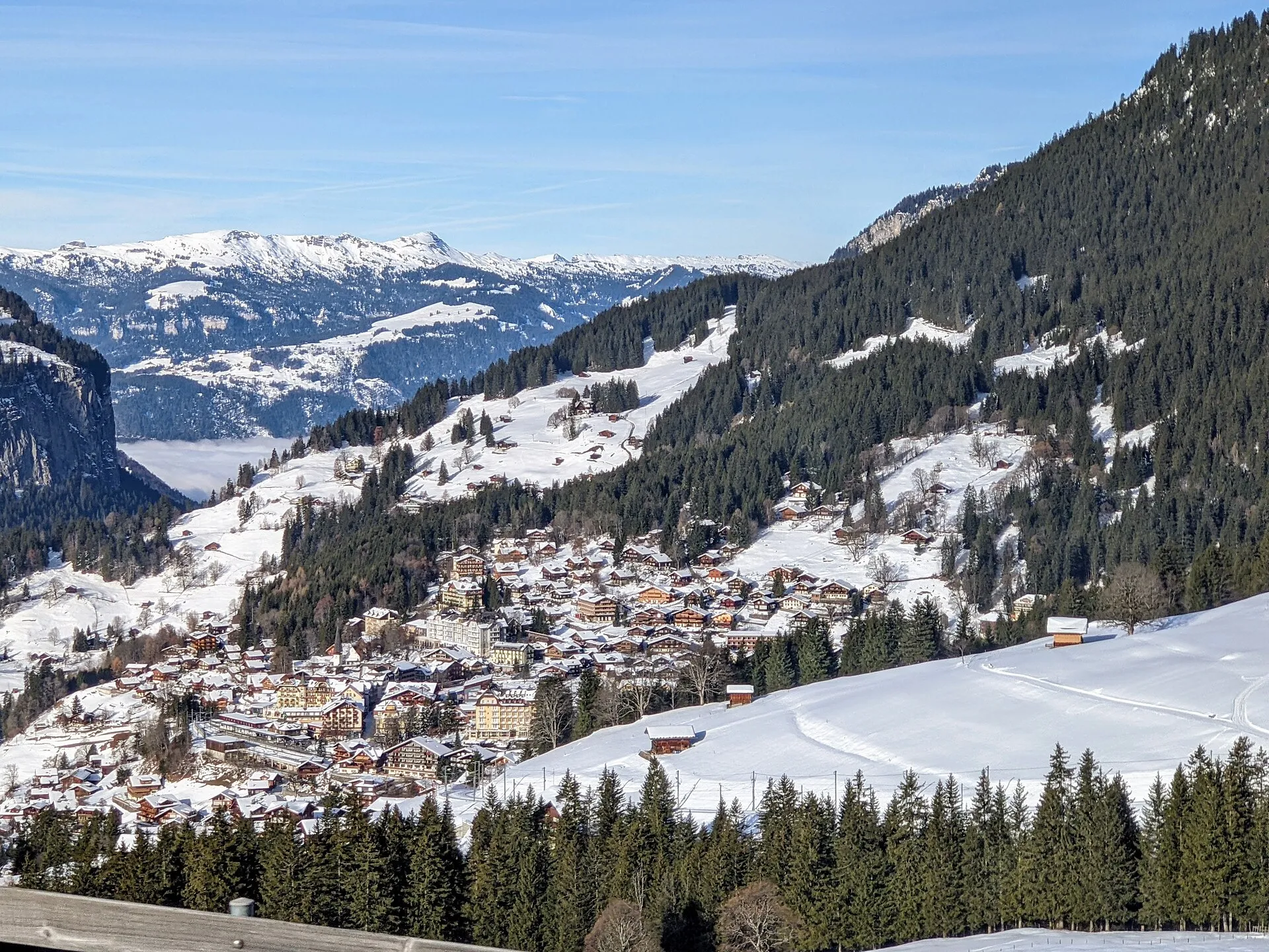 Den snötäckta byn Wengen på en sluttning med granskog, sedd från tåget ner från Kleine Scheidegg, med berg i bakgrunden.