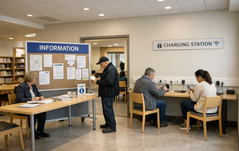 en trygghets punkt Människor vid informationsdisk och vid borden i ett bibliotek.