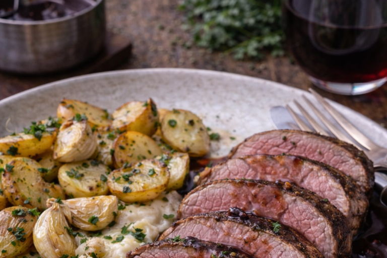Grillad köttbit med rostade potatisar och rödvin i bakgrunden.