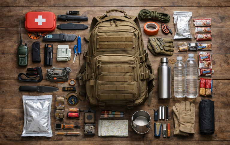 Beige ryggsäck omgiven av nödutrustning och verktyg på en träytan.