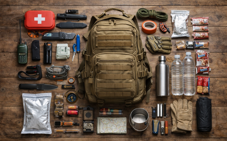 Ryggsäck med överlevnadsutrustning och tillbehör utlagda på träytan.