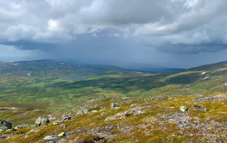 Utsikt över en grön dal med mörka moln i horisonten.