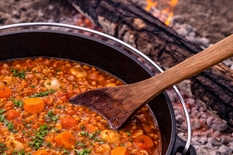 En gryta med linssoppa och grönsaker, serverad med en träsked vid en lägereld.