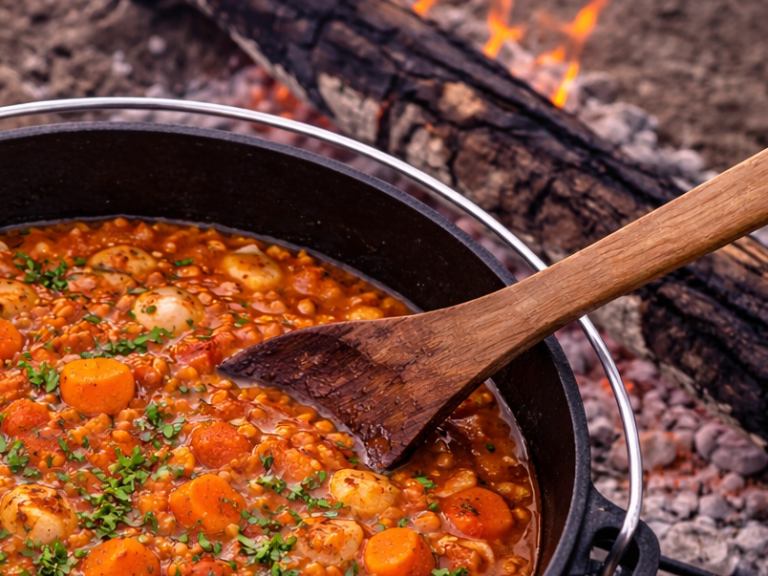En gryta med grönsaksoppa och morötter, placerad nära en öppen eld.