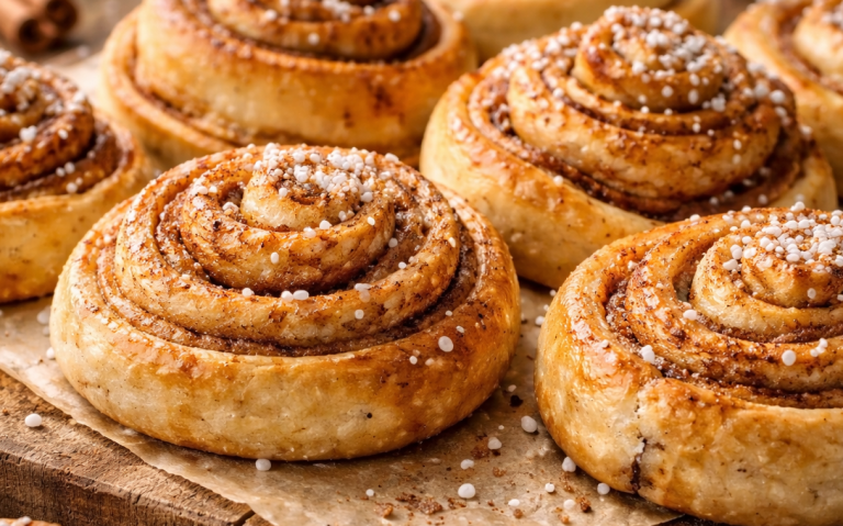 Kanelbullar med gyllenbrun yta och sockerströssel.