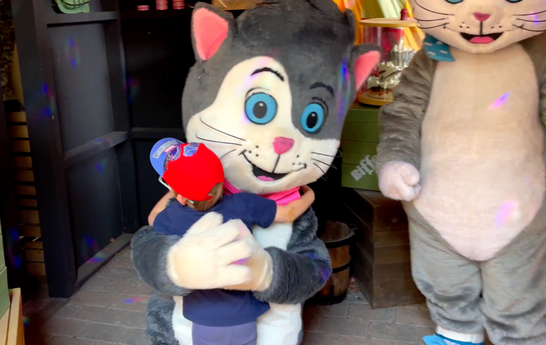 Kattmaskot kramar ett barn, en annan maskot står bredvid. Färgglad miljö.