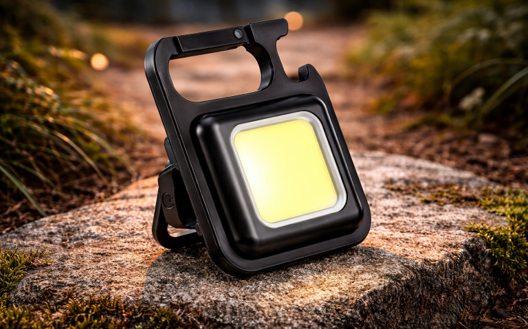 Bärbar LED-lampa i svart, placerad på en sten med grönskande omgivning.